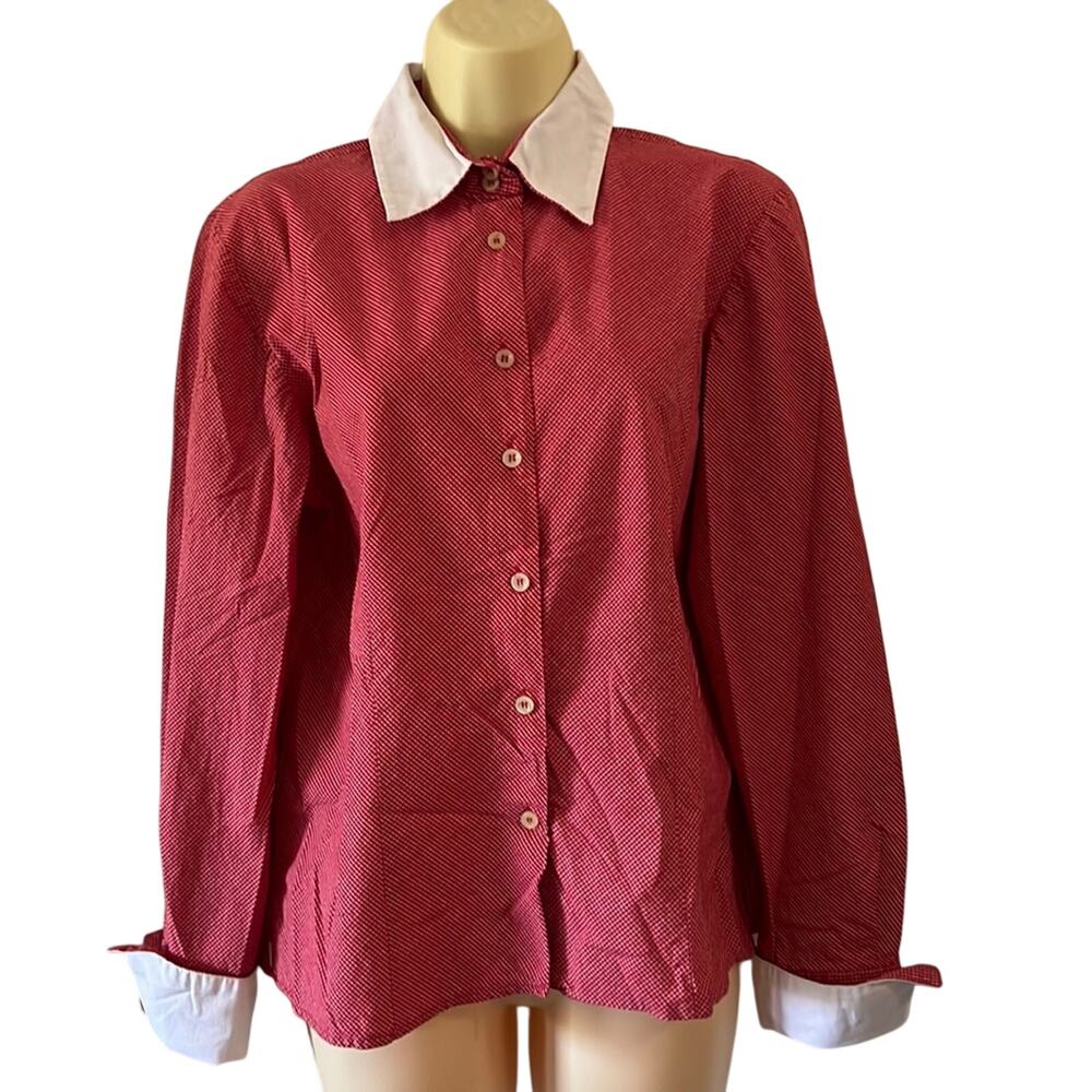 Harve Benard Red & White Check Blouse Woman Large White Collar Cuffs Office